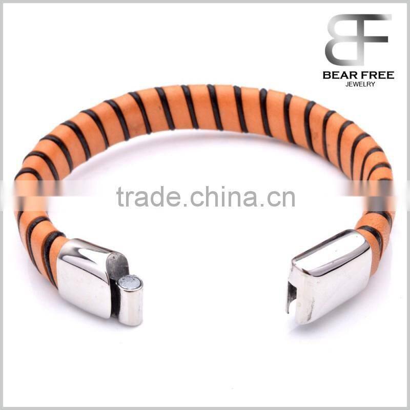 Brown and Black Stripe Leather Braided Cuff Bracelet Wristband, Couples Christmas Gift Stainless Steel Clasp