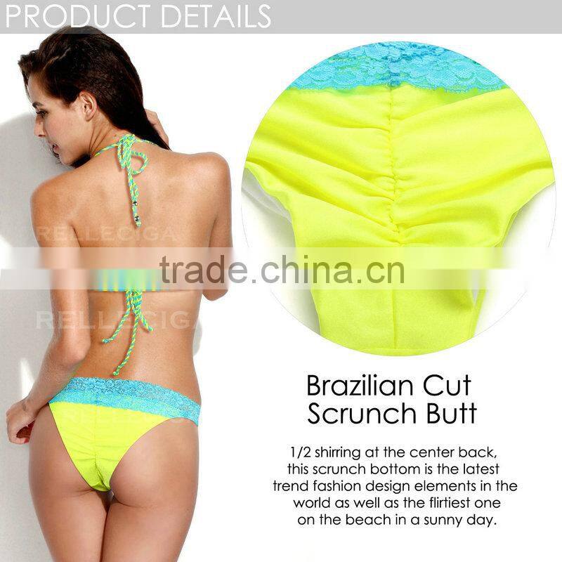 2016 RELLECIGA New Neon Yellow + Blue Floral Lace Bikini Swimsuit with Triangle Top and Brazilian Cut Scrunch B
