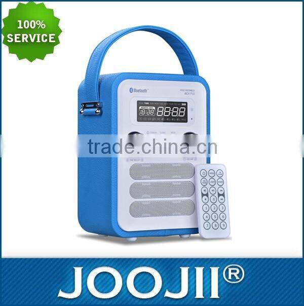 Bluetooth speaker with PU leather cover, USB, FM radio, SD card, AUX , LCD display, clock/alarm/calendar and remote contro