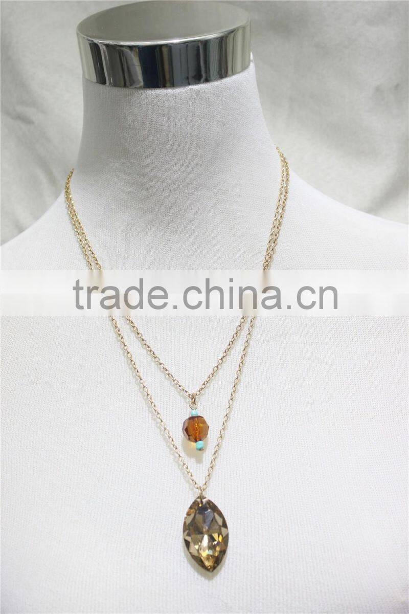 Newest Double Layered Elegant Smoked Topaz Glass w/ Brown Bead & Turquoise Seedbead Pendant Necklace 2016 Fashion Wholesale