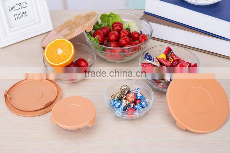 5pcs glass salad bowl set with print plastic lid household for gift promotiion