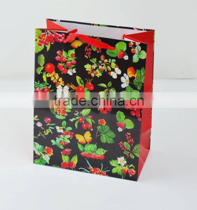 new fancy design for 2015 printed red flower paper bag with ribbon handle supplier and manufacture