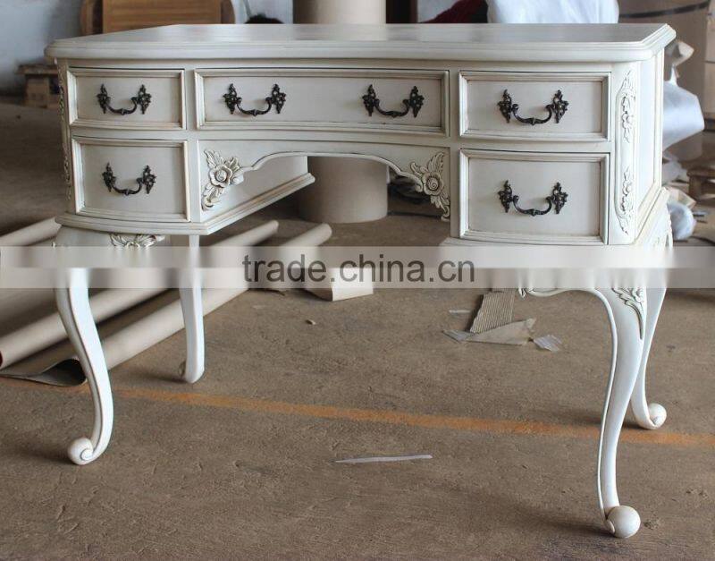 Antique White Paint Mahogany Writing Desk With 6 Drawers