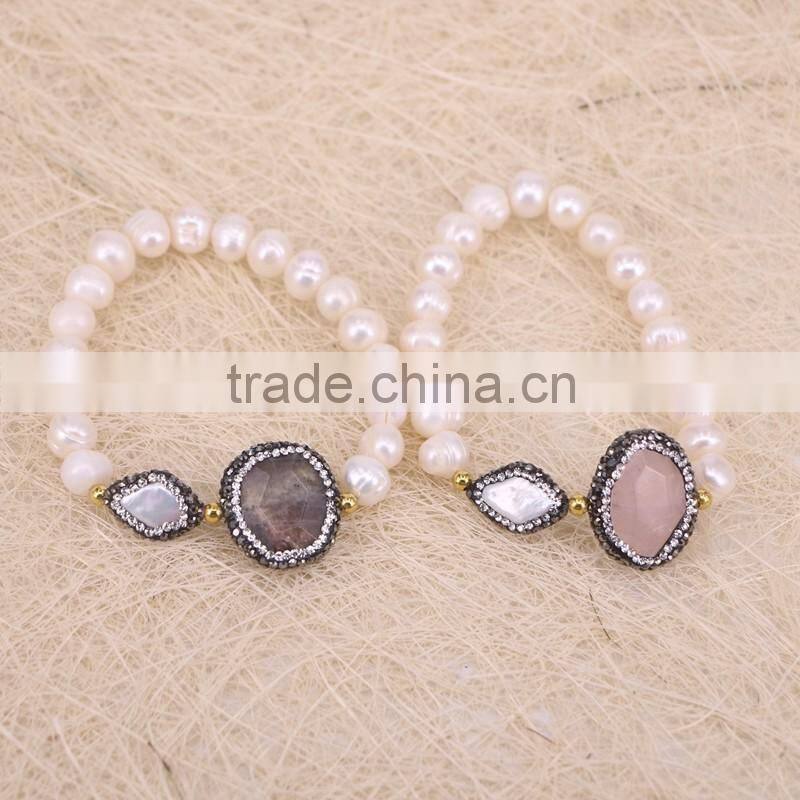Freshwater Pearl Beads with Rhinestone Crystal Gemstone Connector Spacer Beads Bracelets, Pearl Jewelry Druzy Bracelet