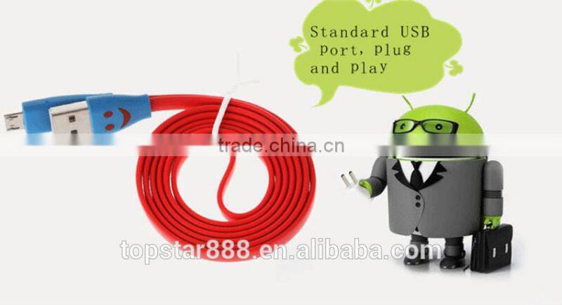 Flat Noodle LED Light Smile Face Data Cable USB for Micro Port ,For Samsung,htc,huawei ,Coolpad Ect