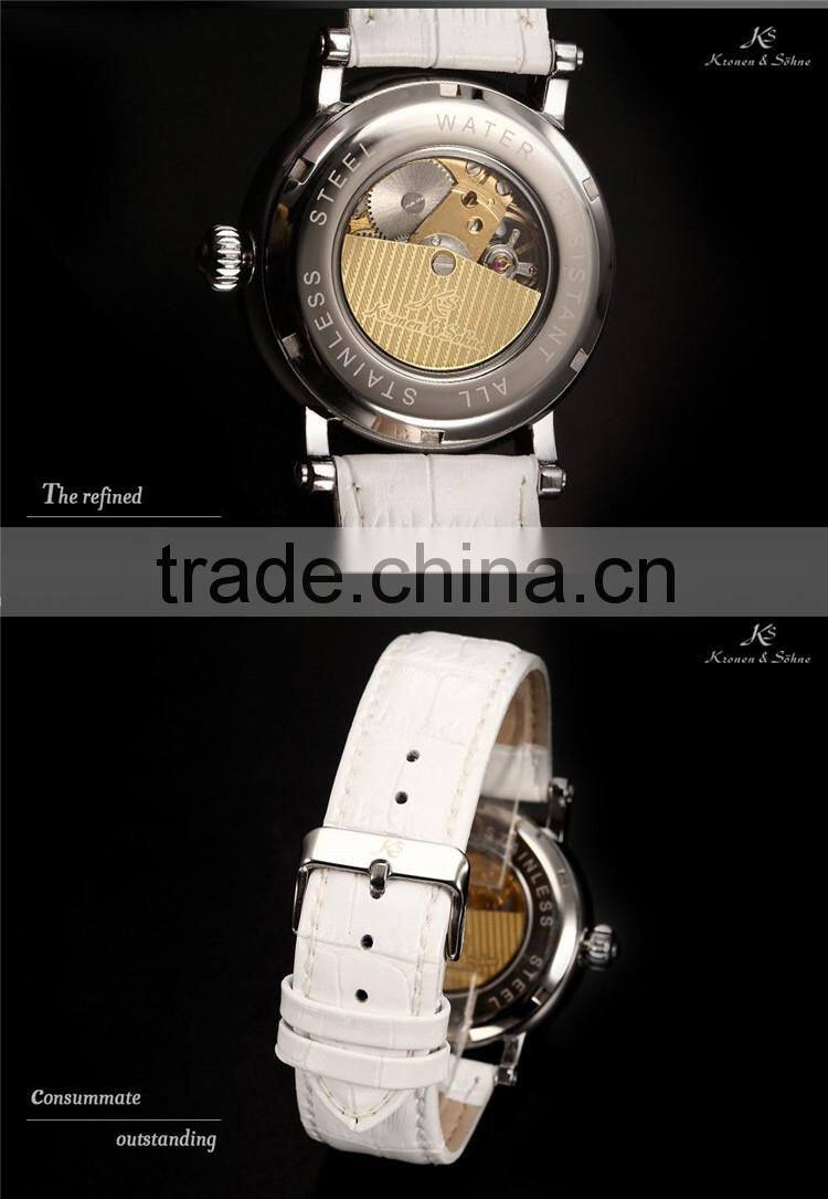2015 Fashion Roman White Leather Band Skeleton Mechanical Automatic Men Watch