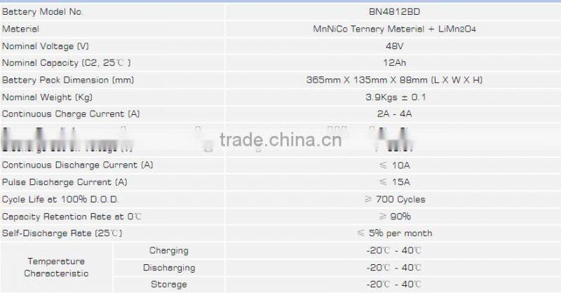 CHILWEE Best quality Lithium ion Ternary motive power BN 4812 BD for electric bike