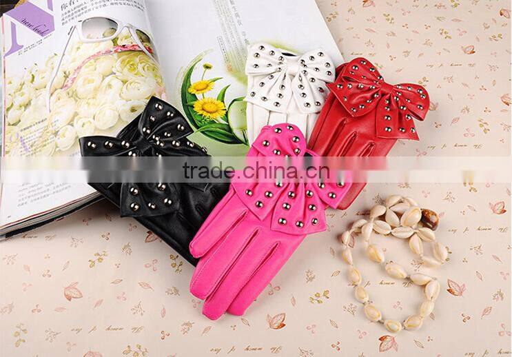 2015 New Arrival Winter Cycling Motorcycle Driving Lady Rivets Bowknot Soft PU Leather Gloves For Women Black Red
