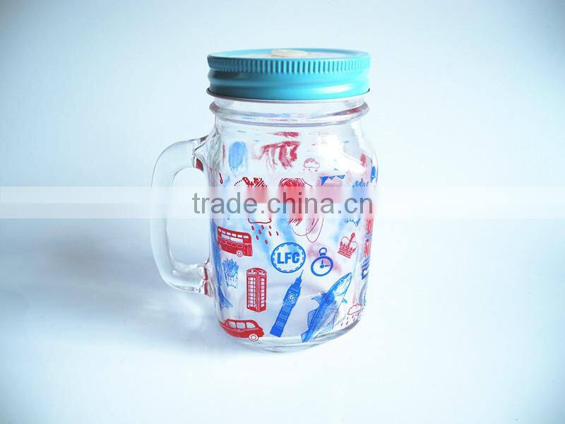 printed beverage use glass mason jar with fruit lid straw