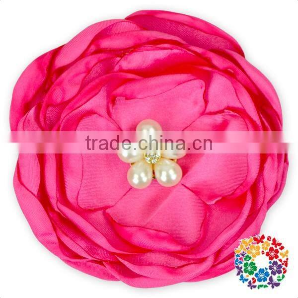 pink pearl rhinestone center handmade satin ribbon fabric flower