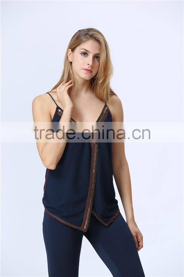 new design ladies sequin embroideried beaded navy cami top