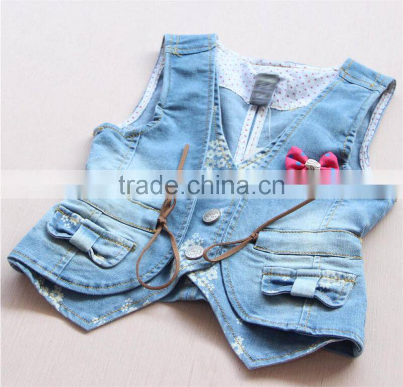 New arrival 2016 Super and lovely pink bowknot printing denim vest