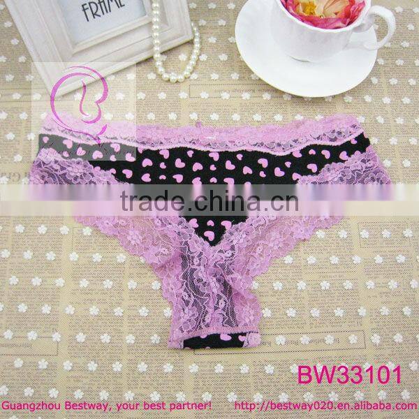 Sex images fashion cheeky panty printed sweet heart with lace & heart rhinestone