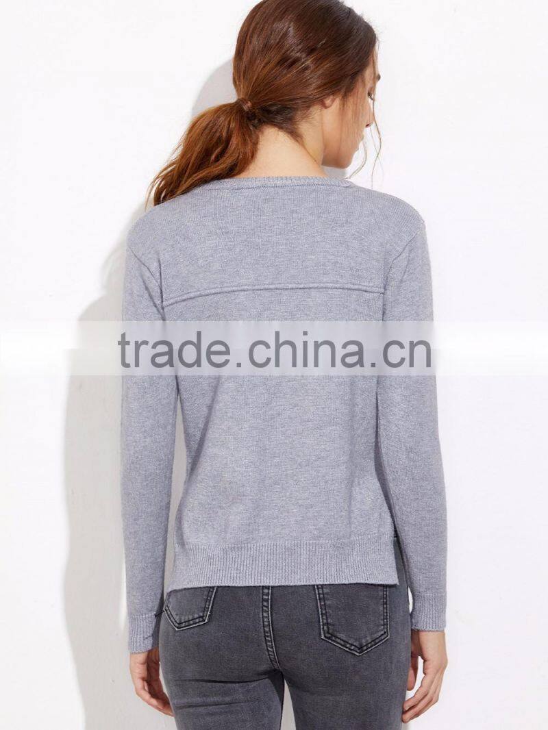 Custom Made Grey Split Side High Low Pocket Sweater Long Sleeve Round Neck Pullovers Casual Sports Sweater