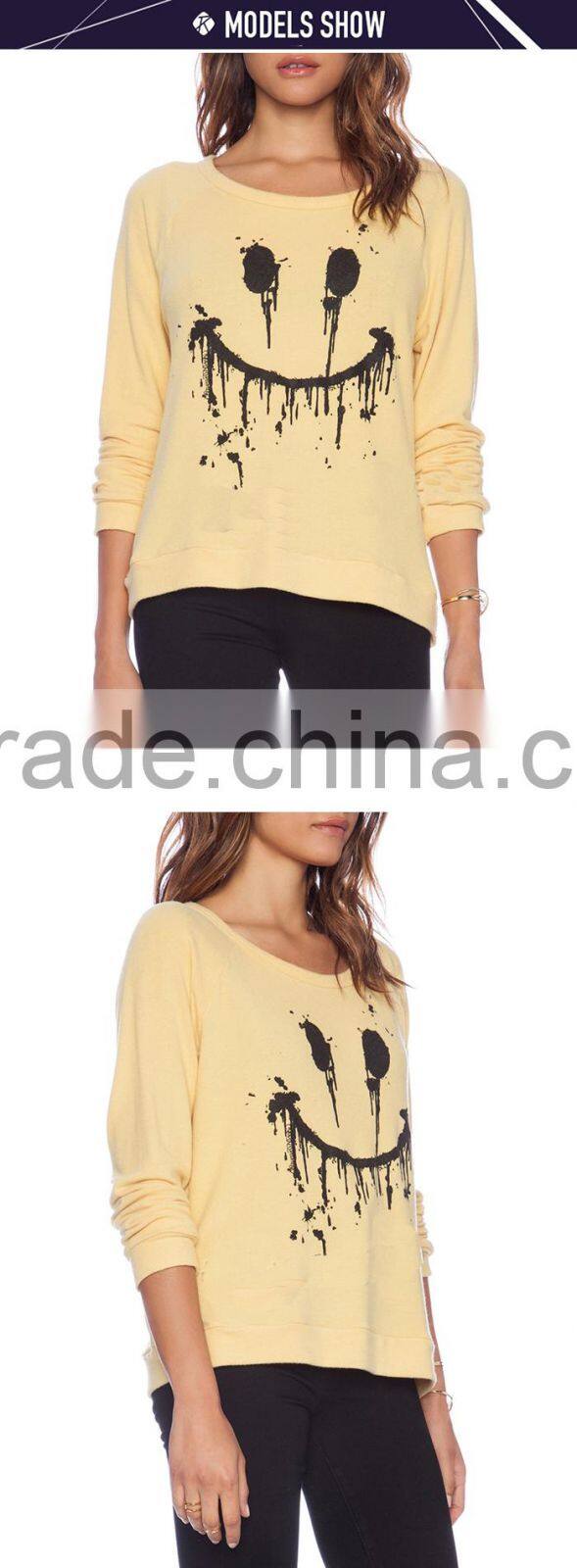 Custom comfortable women smiling face printed loose fit sweatshirt with long sleeve