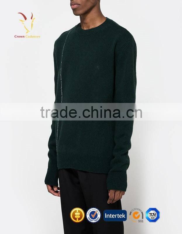 Men Pure Cashmere Green Knitted Jumpers Crew Neck Emboridery Sweaters