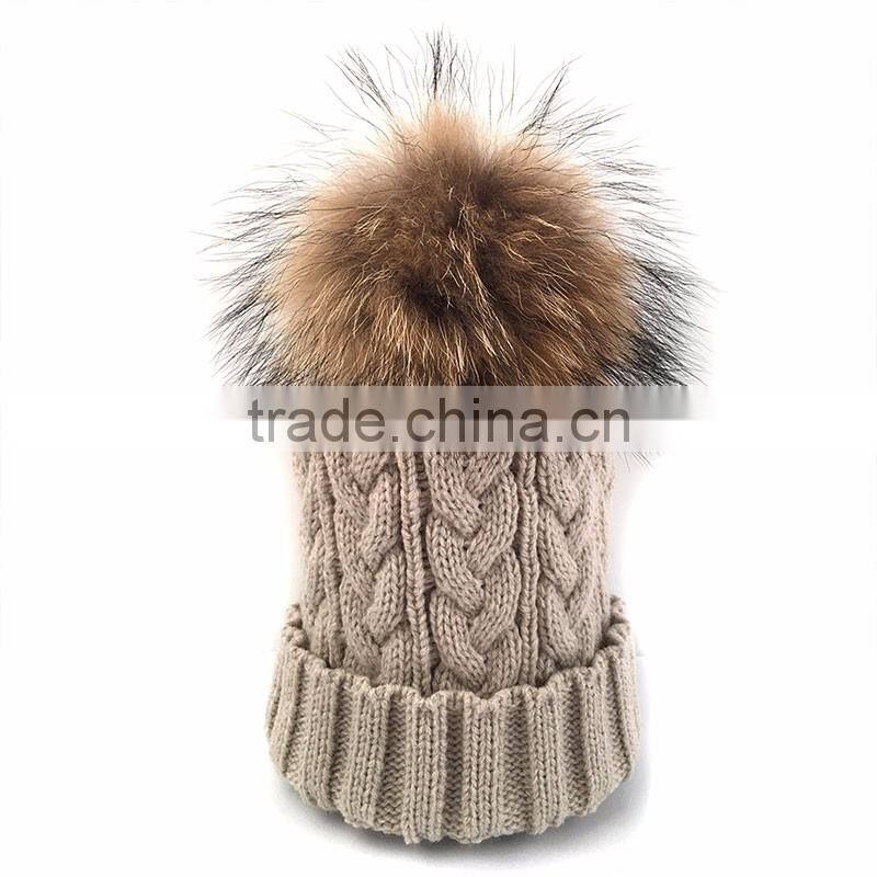 Myfur Cable Knit Hat Wholesale Beanie Cap with Raccoon Fur Pom Poms