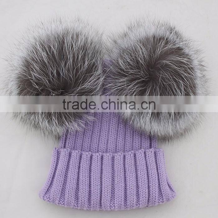 Myfur Female Warm Genuine Fur Bobble Beanie Real Fur Pom Pom Fox Knitted Beanie Hat Warm Winter Cap