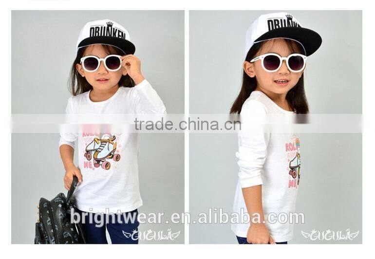 Hot selling girl's fashion white cotton printed long sleeve t shirt