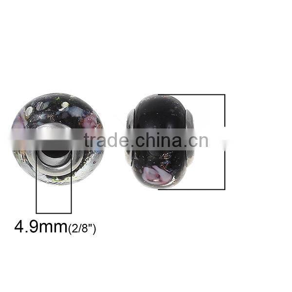 Lampwork Glass European Style Large Hole Beads Round Black Transparent Pink Flower With 304 Stainless Steel Silver Tone Core