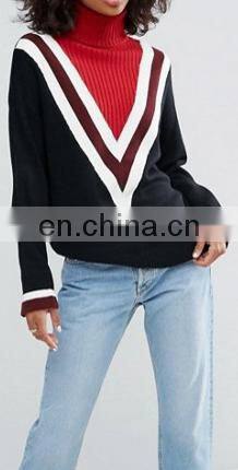 Black Sweater as long sleeve high neck tops with latest chevron design for women of knit clothing