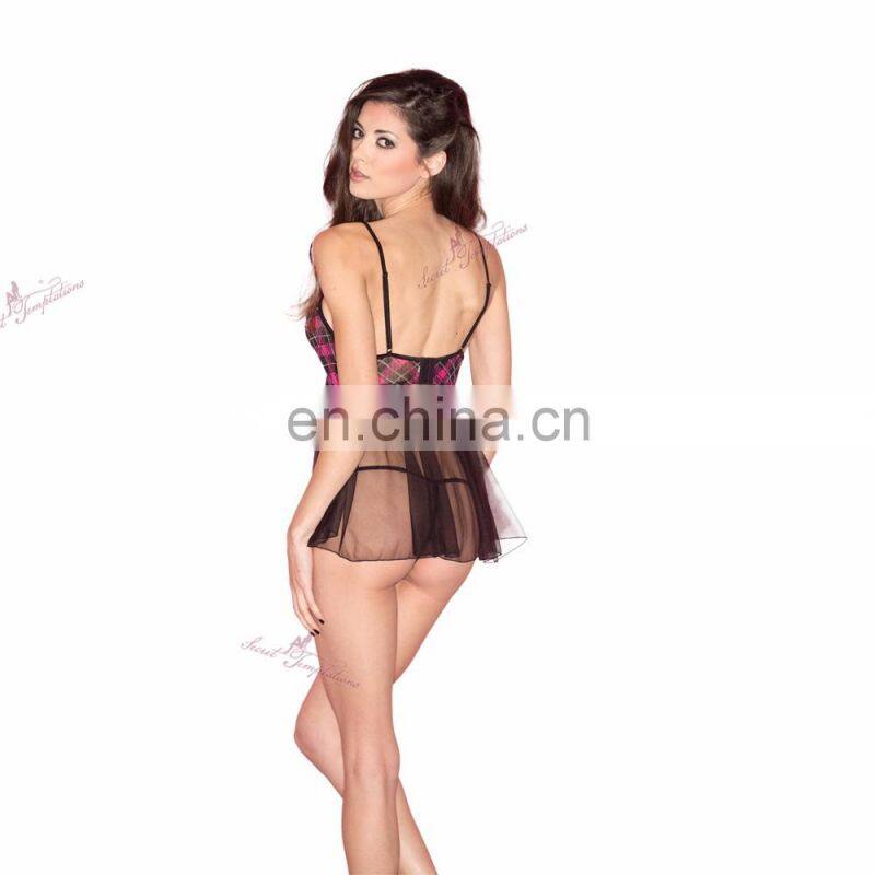 2016 wholesale fashion style plaid design lingerie open girls sexy babydoll