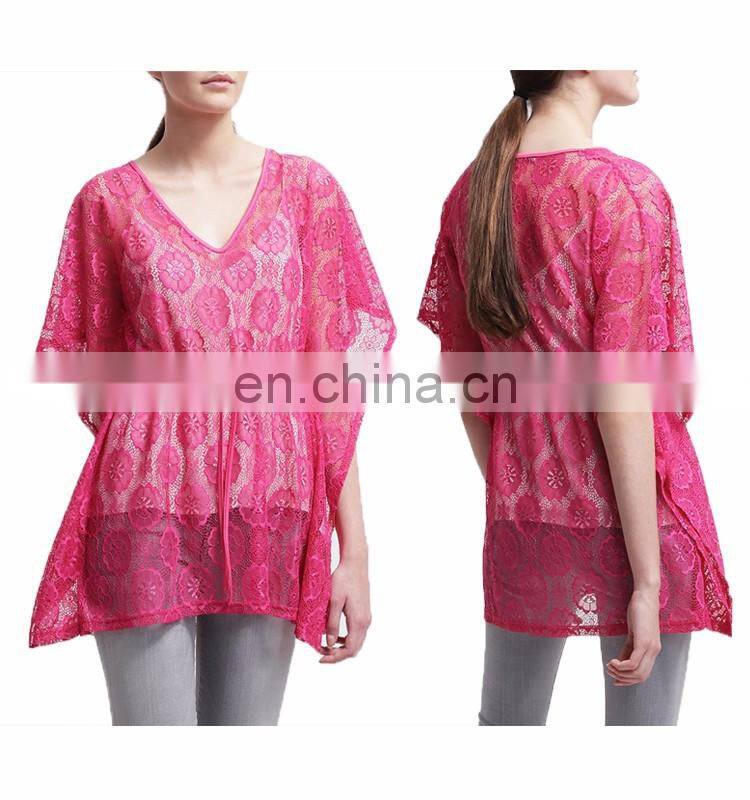 Fancy Flower Short Cover Up Bikini Lace V Neck Kaftan