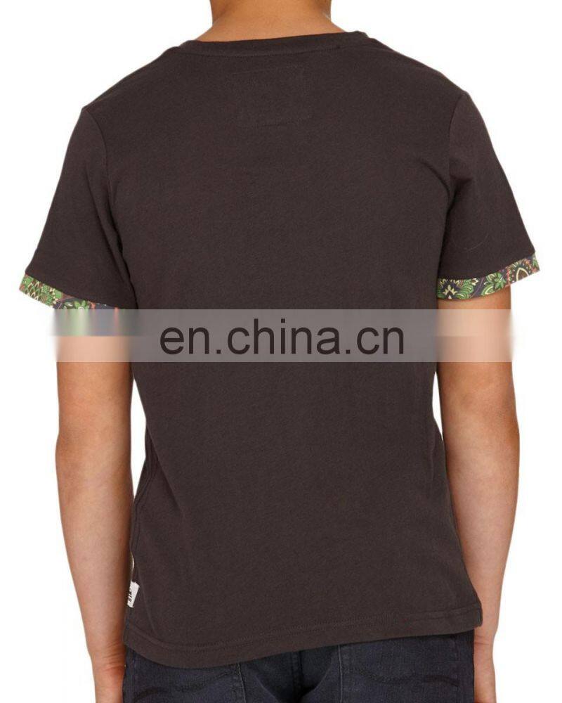 O-neck boys short sleeve cotton t-shirt with water printing check pocket sleeve binding