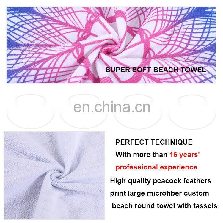 China manufacturer recyclable peacock feathers printed large microfiber towels custom round beach towel with tassels