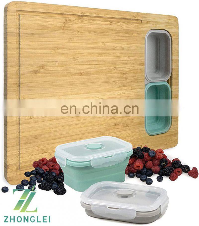 Bamboo Cutting Board, with 4 Collapsible Silicone Food Storage Containers and Lids for Storage