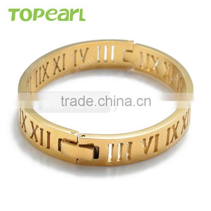 Topearl Jewelry Wholesale Stainless Steel Bangle Classic Roman Numeral Bangle Gold MEB400