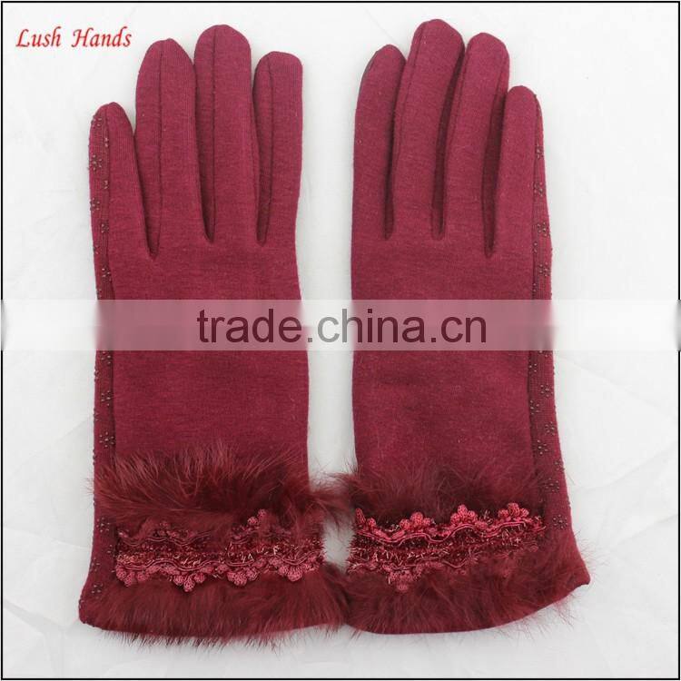 ladies cheap spring driving red micro velvet hand gloves with rabbit fur