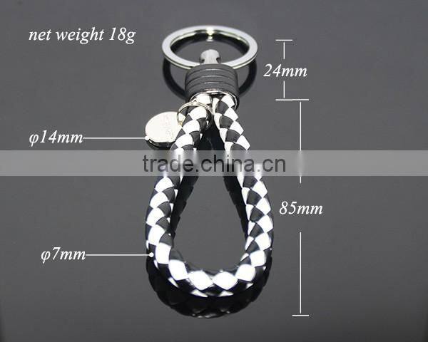 New Arrival Manual Hand Braided Rope Silver Zinc Alloy Metal Tag Braided Leather Cord Black White Leather Straps Weave Keychain