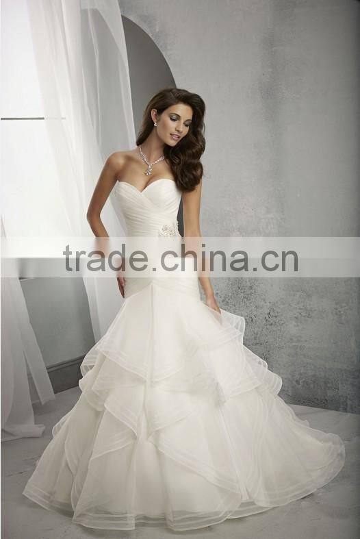 2015 New Arrival Satin Organza Applique Pleat Ruffles Crystal Beaded Mermaid Wedding Dress