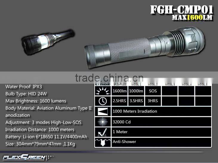 rechargeable 18650 hard anodization 24W HID camping flashlight