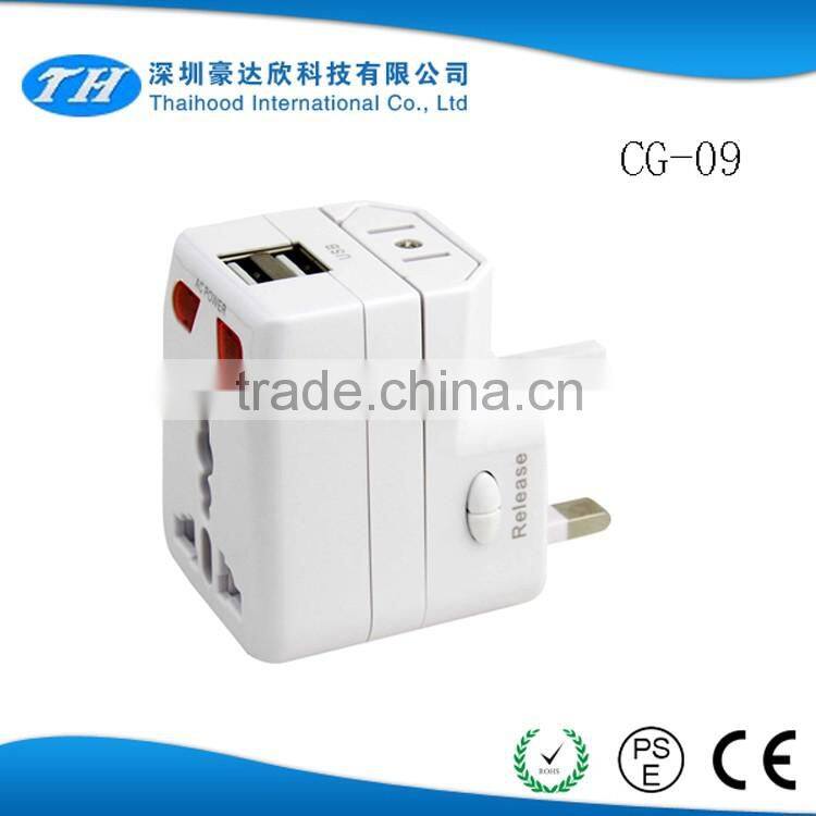 UK/EU/AU/US plug 5V2.5A Travel usb charging power socket adaptor CE ROHS approved with universal outlet