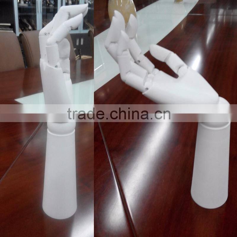 25cm height female left wooden hand beech wood with round wooden base an articulated hand