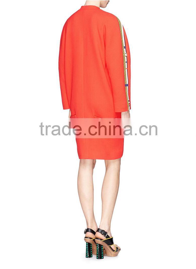 2015 Garment Factory Orange Stripe Zip Ladies Coat, Women Long Sleeve Jacket