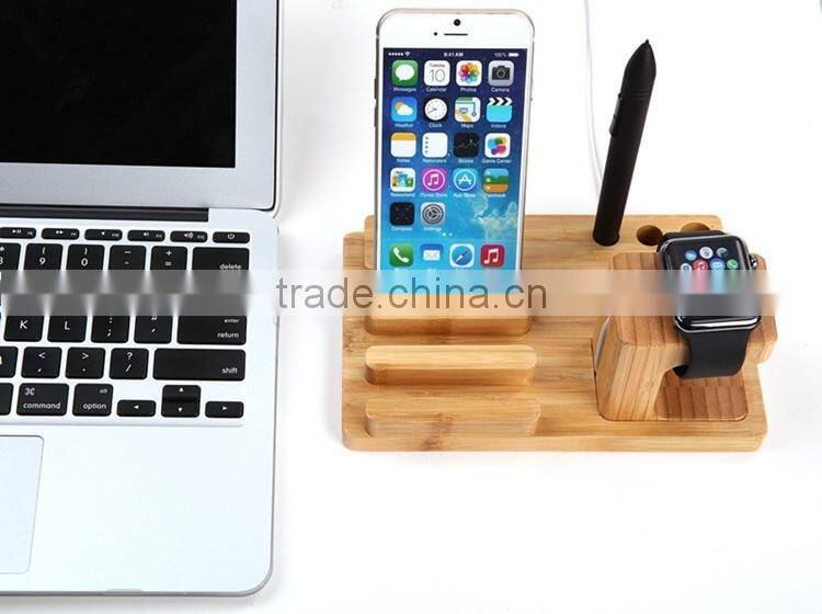 Bamboo Wood 3 in 1 Office Home Desk Cradle Holder with Phone Tablet Stand Wooden Holder