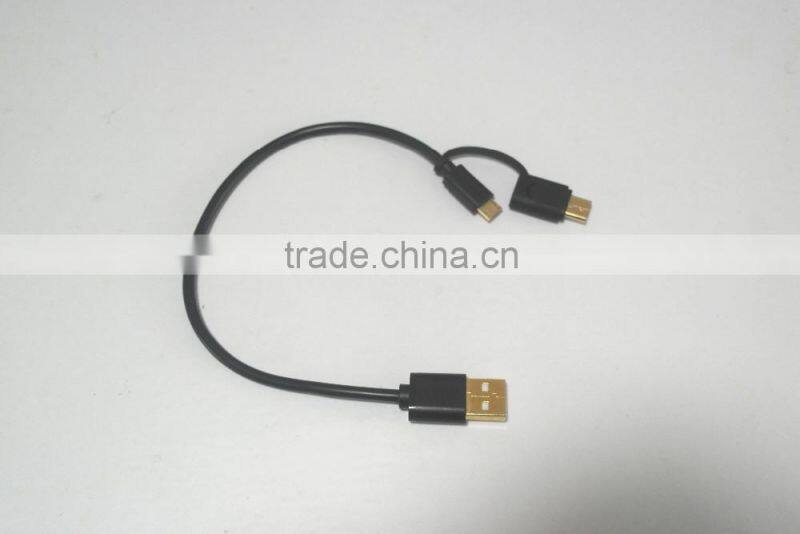 USB Type C Cable 2 in 1 Micro USB with Type C Adapter Convertor Reversible Charging&Sync Cable (3Ft, Black)