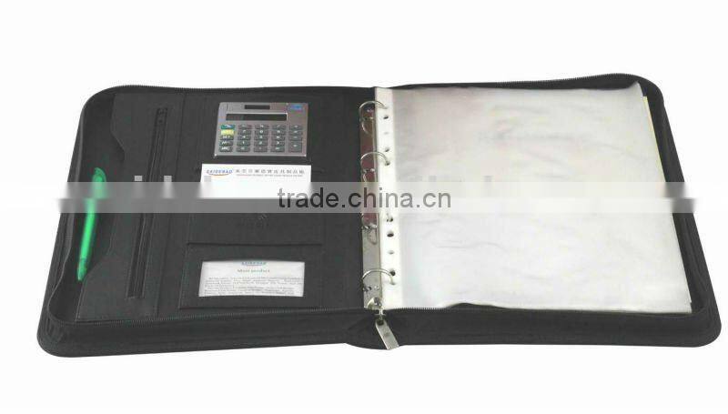 Zipper leather portfolio with notepad and calculator