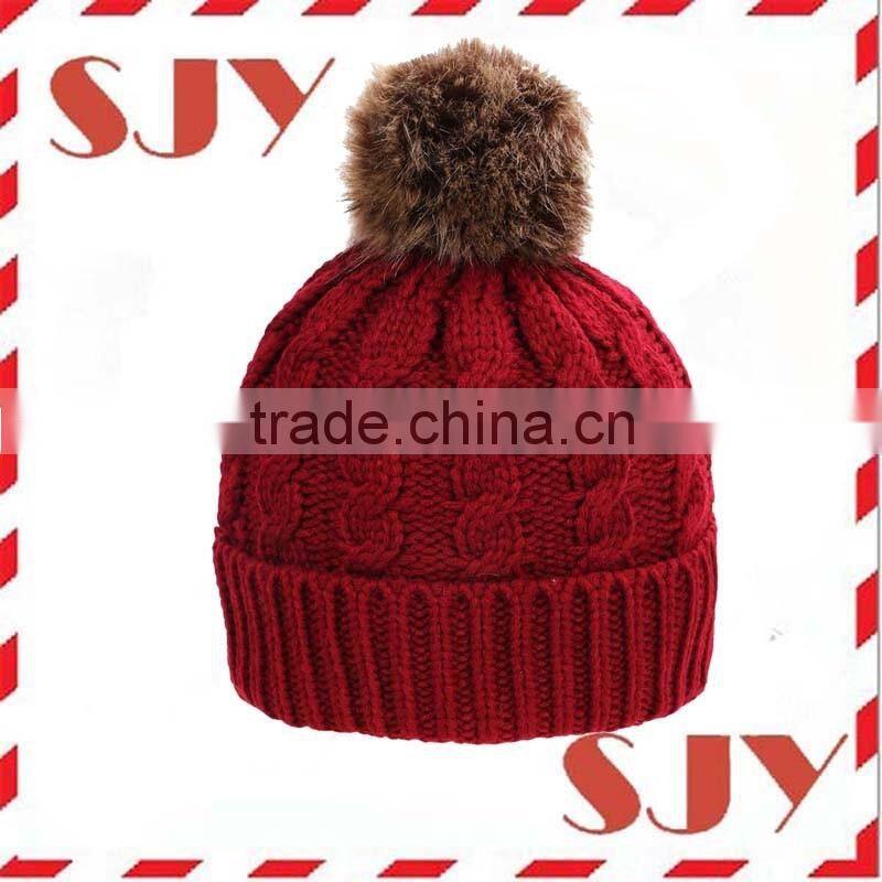 Women's Faux Fur Pom Pom Fleece Lined Knitted Slouchy Beanie Hat