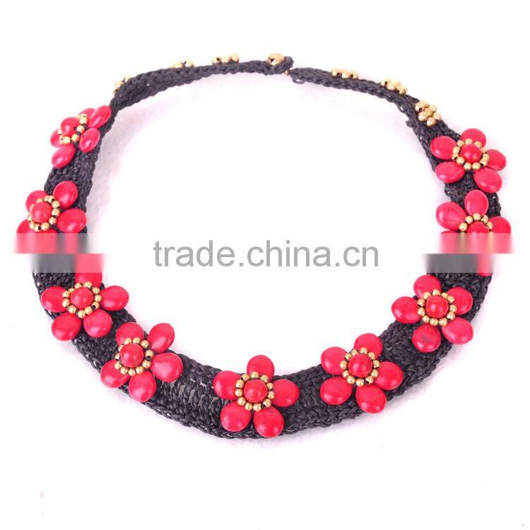 wax cord red tophus ethnic embroidery hand made necklace for women