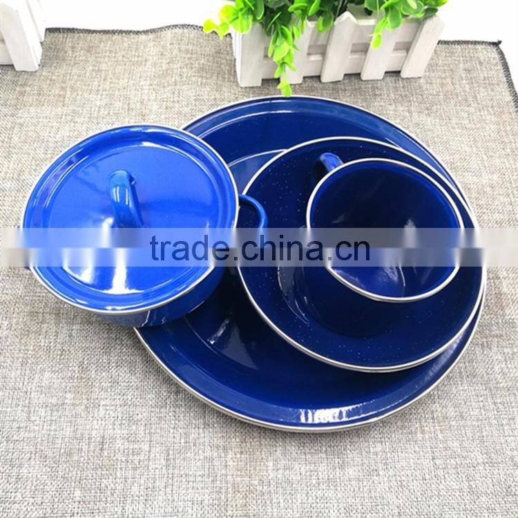 Wholesale 3pcs blue speckled classic enamelware dinner set mugs/bowl/plate for a durable finish