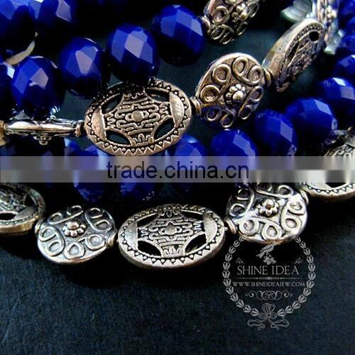 vintage antiqued silver ethical deep blue faceted glass beads 5 layers chunky fashion wiring bangle bracelet jewelry 6490042