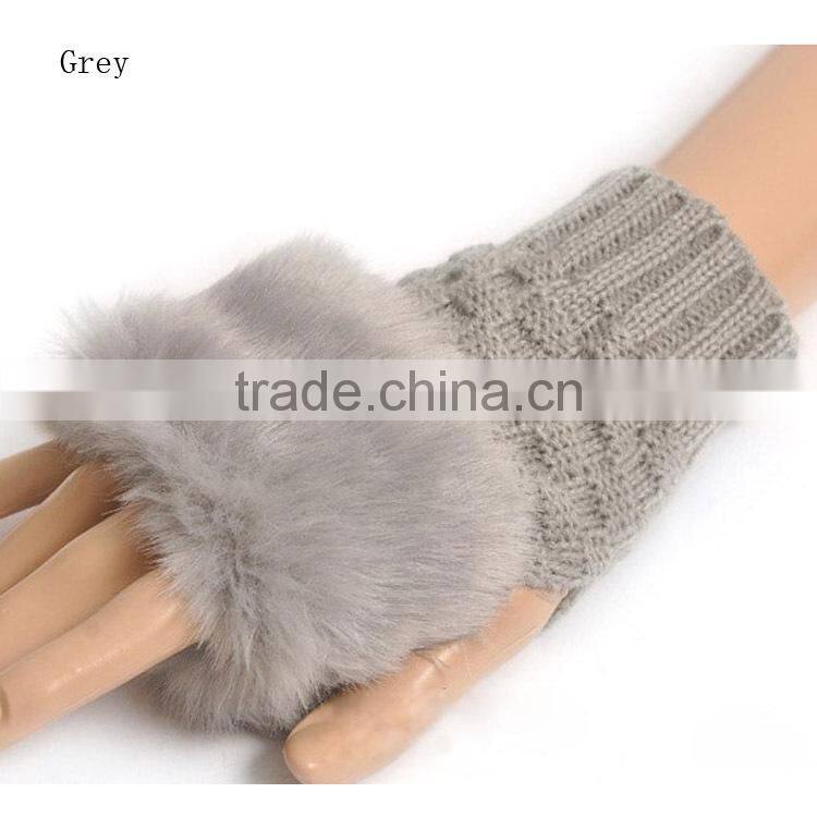 Fashion Cute Faux Rabbit Fur Hand Winter Warmer Knitted Fingerless Gloves Mitten Wholesale