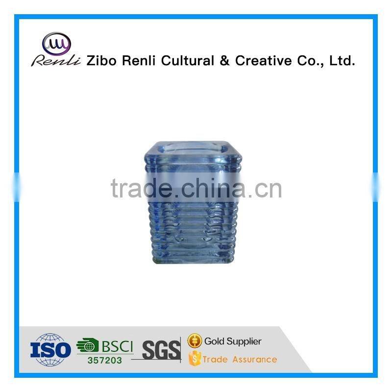 Blue Ribbed Square Cube Recycled Unique Glass Candle Jars
