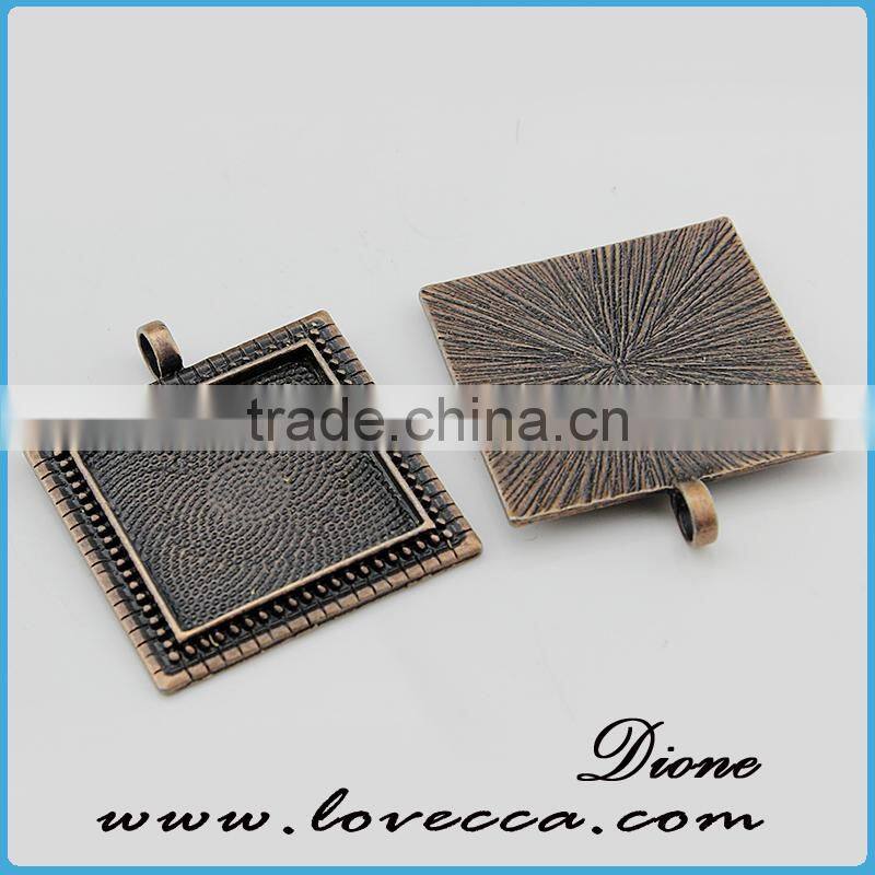 Flat Square glass cabochon pendant tray,antique bronze metal setting for necklace accessories