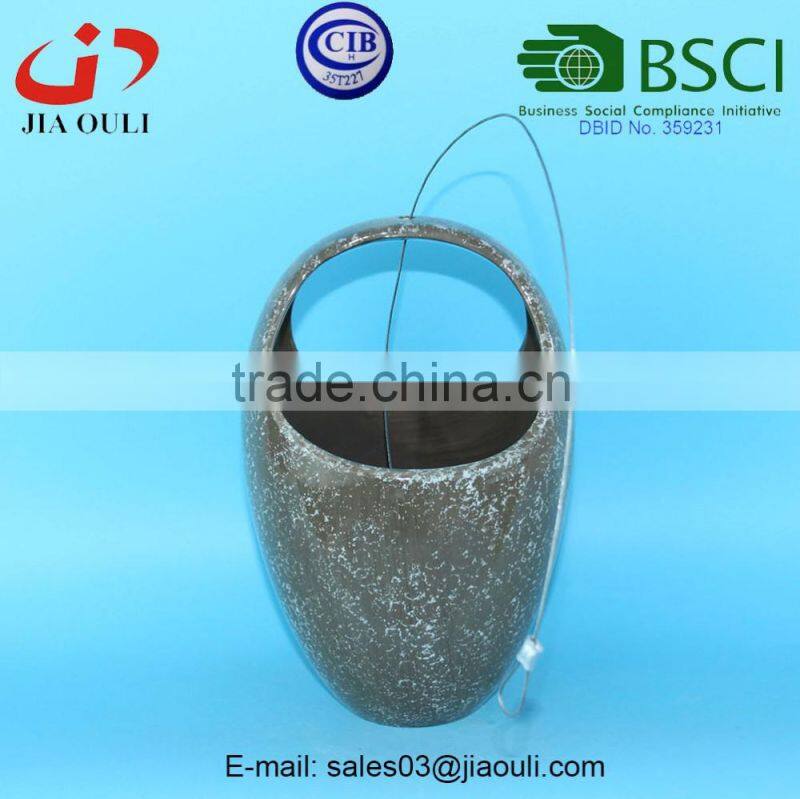 BSCI Audit Factory handle shape ceramic hanging basket planter, plant pot stand with hanger