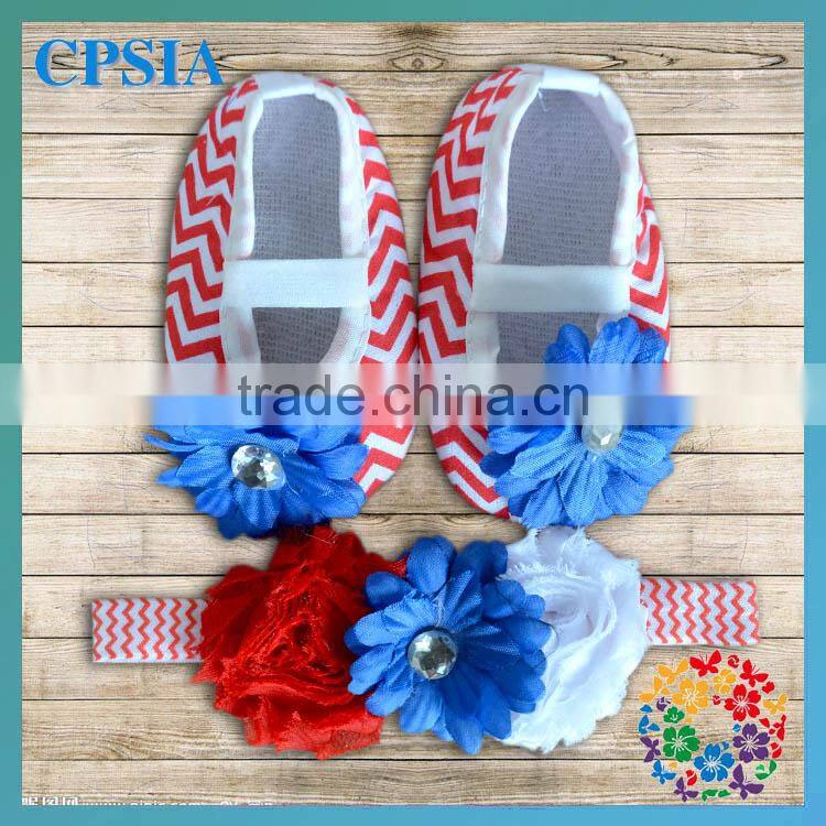 Baby 4th of July Shoes and headband set Red Chevron crib shoes white red blue flower headband baby shoes